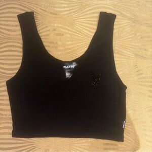 PLAYBOY Black Ribbed Cropped Tank with Crystal Bunny